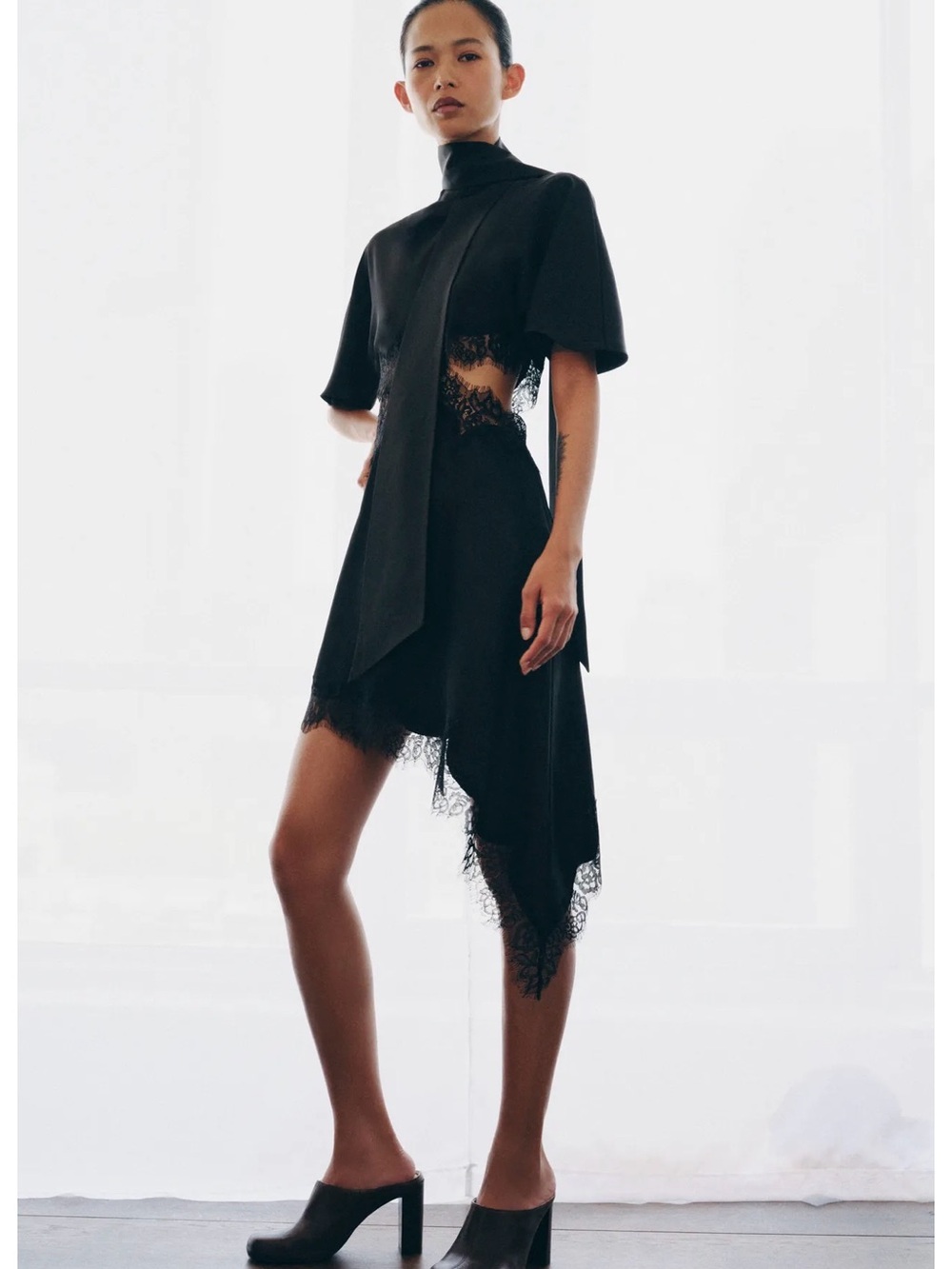 Zara Black Asymmetric Lace-Trim Dress